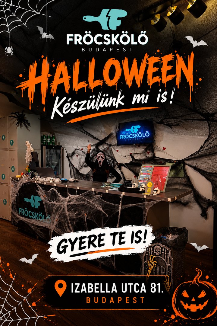 Halloween a Fröcskölőben: pókhálós, halloweeni díszbe öltöztetett pult, Izabella utca 81., Budapest